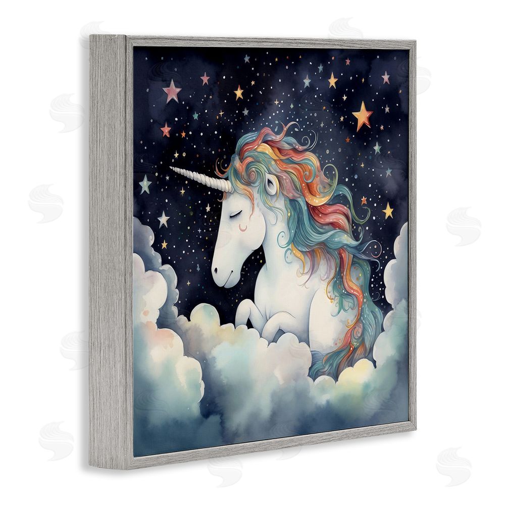 Creative Studio Sleepy Unicorn in Starlit Clouds Gray Framed Giclee Wall Art Print