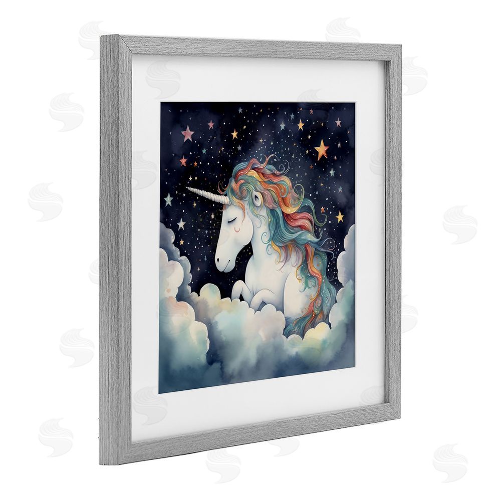 Creative Studio Sleepy Unicorn in Starlit Clouds Gray Framed Print Under Glass with White Mat Wall Art