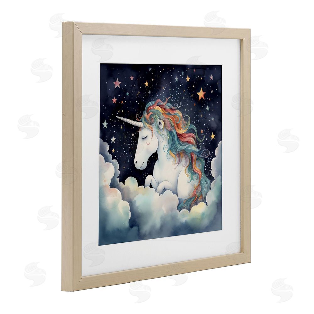 Creative Studio Sleepy Unicorn in Starlit Clouds Brown Framed Print Under Glass with White Mat Wall Art