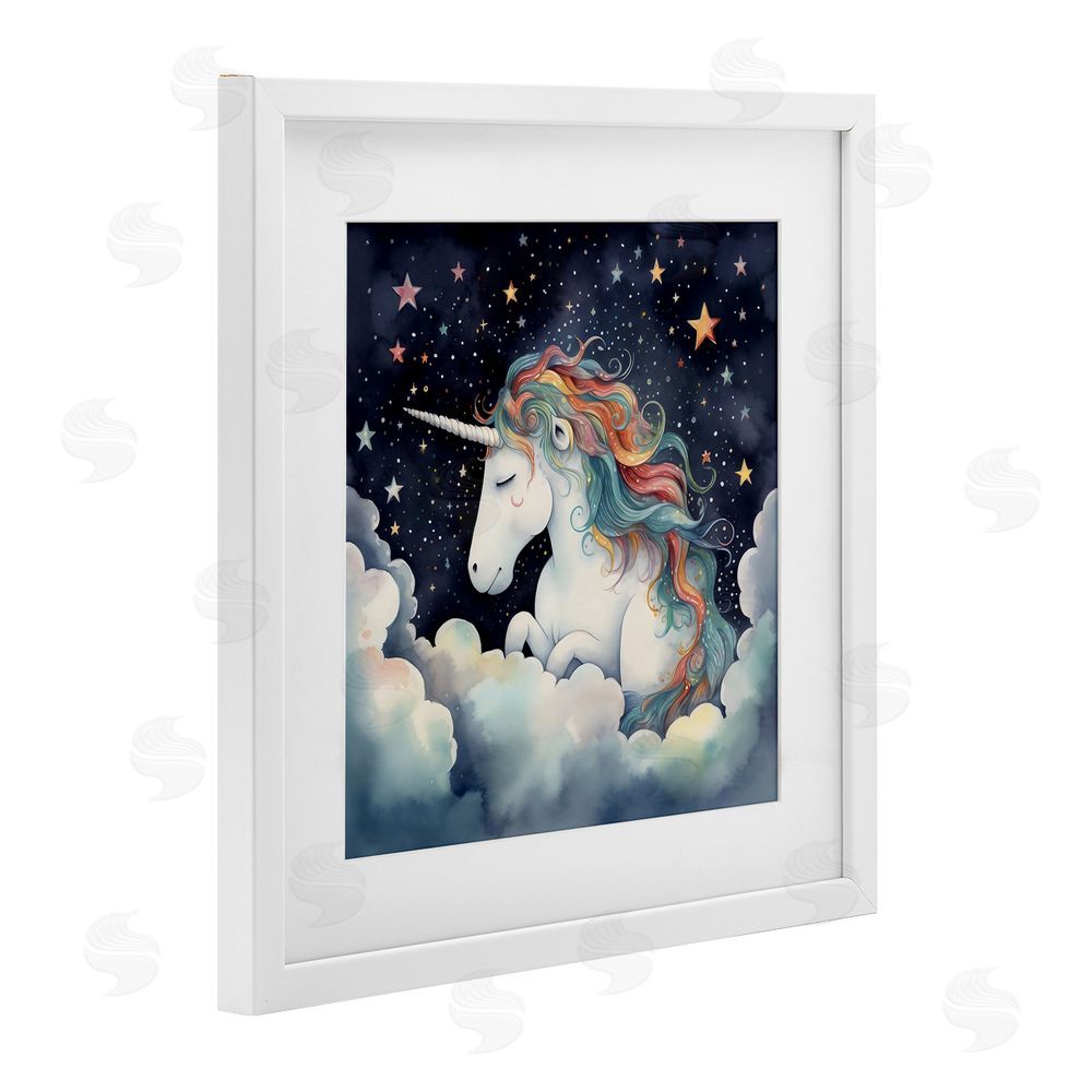 Creative Studio Sleepy Unicorn in Starlit Clouds White Framed Print Under Glass with White Mat Wall Art