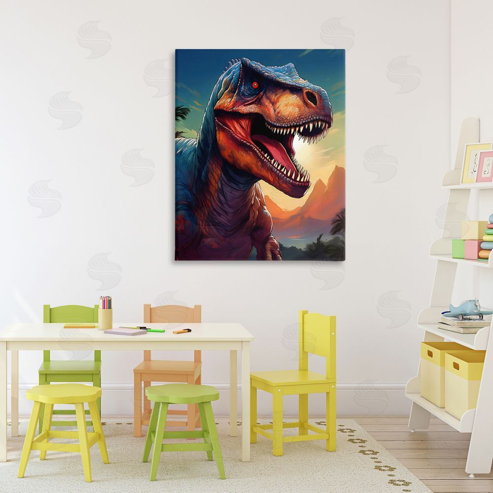 Creative Studio Dinosaur with Sunset Landscape Stretched Canvas Wall Art in Room