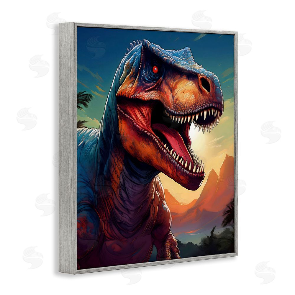Creative Studio Dinosaur with Sunset Landscape Gray Framed Giclee Wall Art Print