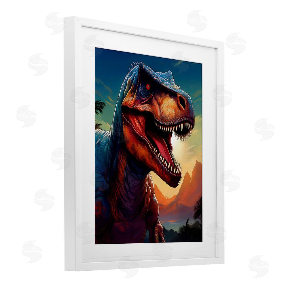 Creative Studio Dinosaur with Sunset Landscape White Framed Print Under Glass Wall Art