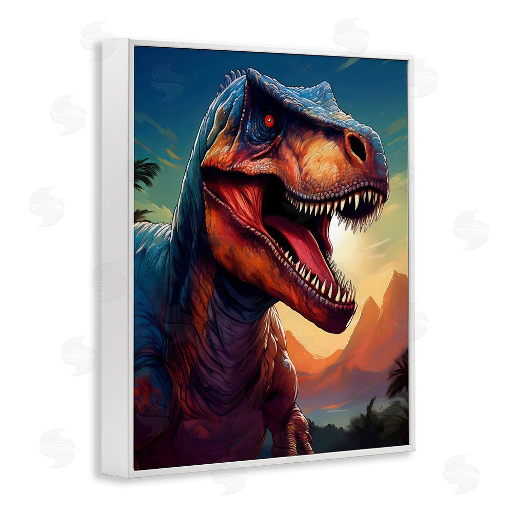 Creative Studio Dinosaur with Sunset Landscape White Framed Giclee Wall Art Print