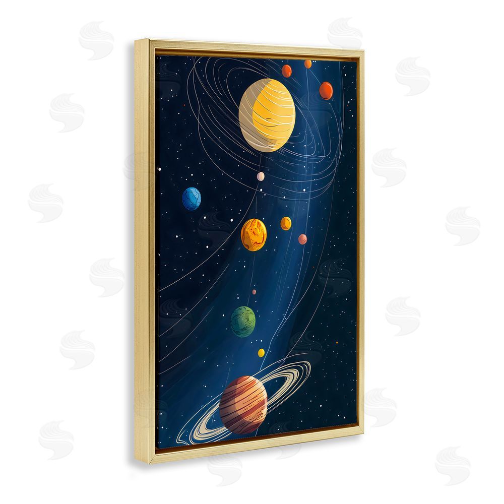 Creative Studio Planets Aligned in Celestial Orbit Gold Floating Framed Canvas Wall Art