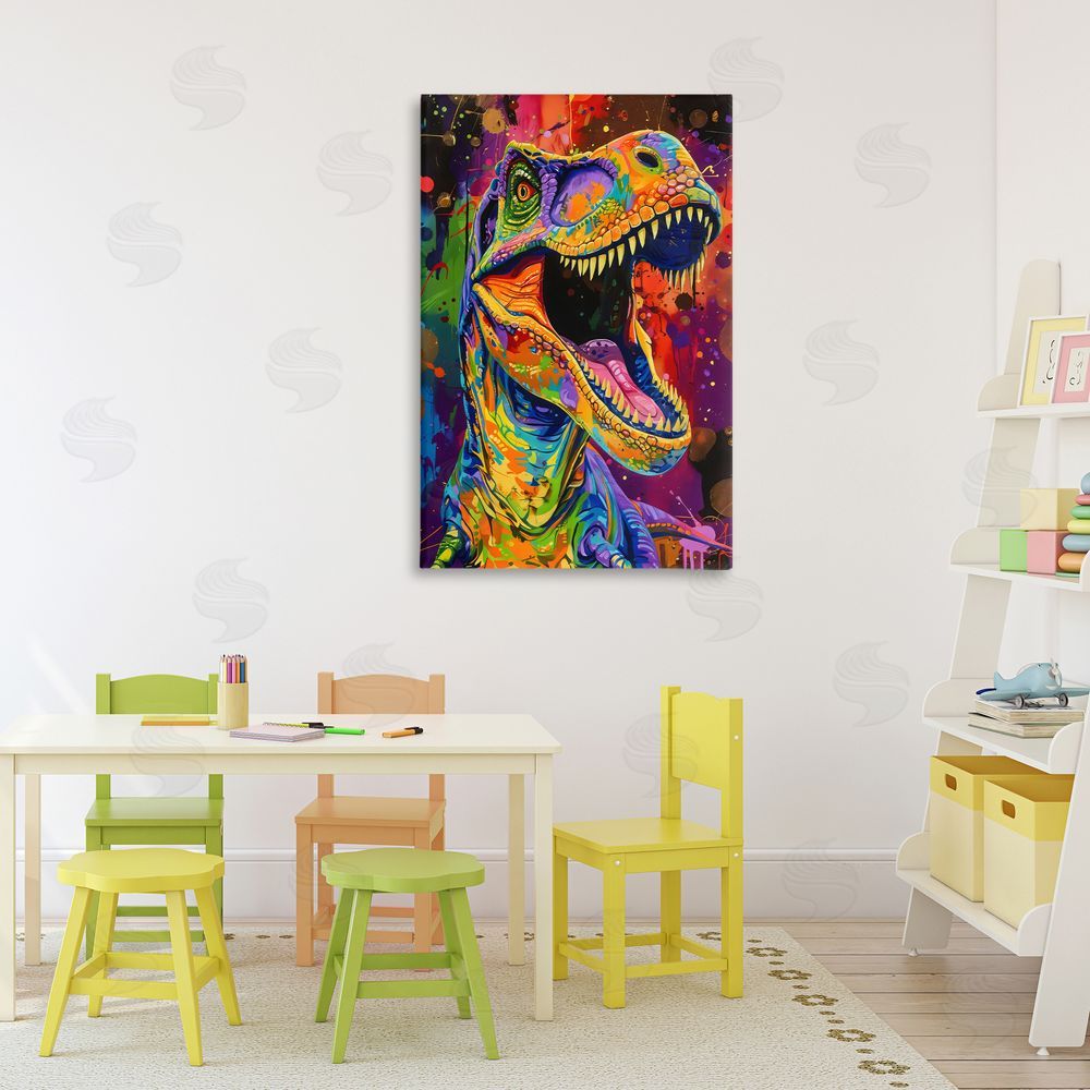 Creative Studio Paint Splatter Urban T-Rex Stretched Canvas Wall Art in Room