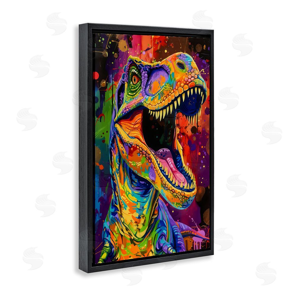 Creative Studio Paint Splatter Urban T-Rex Black Floating Framed Canvas Wall Art