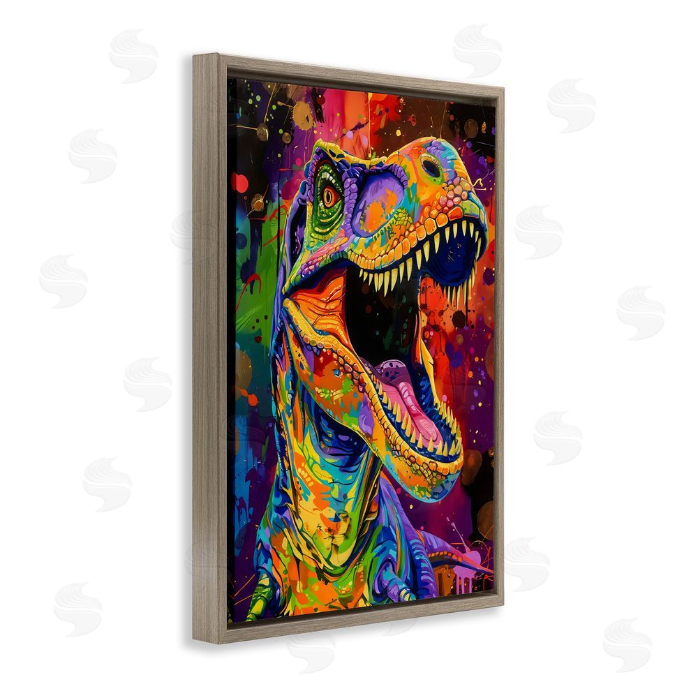 Creative Studio Paint Splatter Urban T-Rex Brown Floating Framed Canvas Wall Art