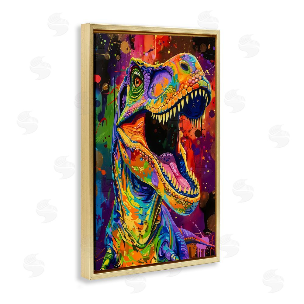 Creative Studio Paint Splatter Urban T-Rex Gold Floating Framed Canvas Wall Art