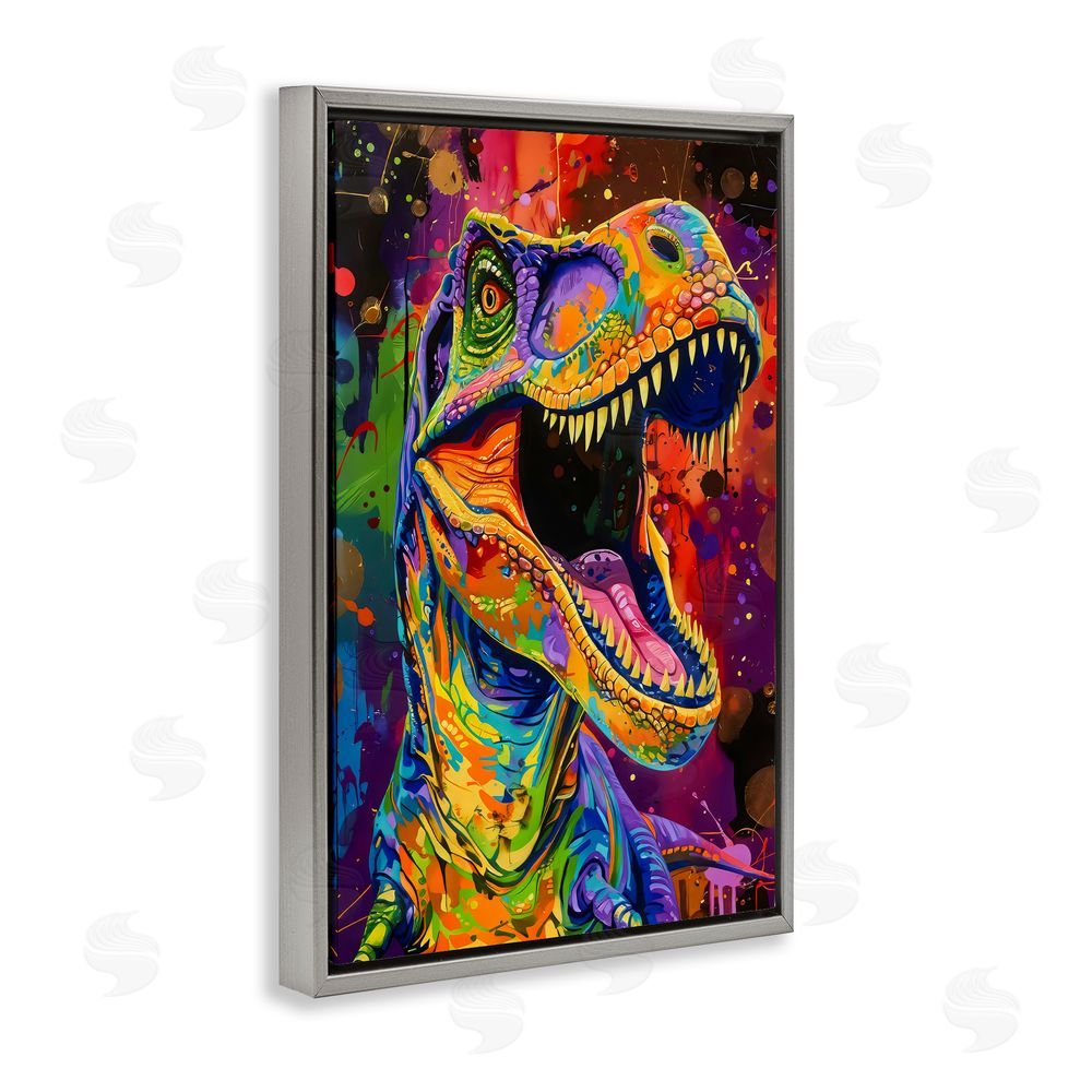 Creative Studio Paint Splatter Urban T-Rex Gray Floating Framed Canvas Wall Art