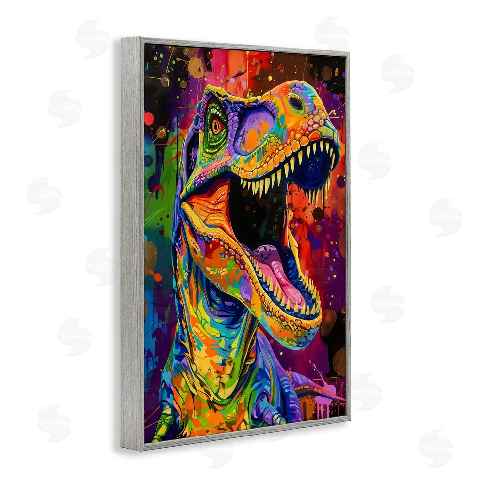 Creative Studio Paint Splatter Urban T-Rex Gray Framed Giclee Wall Art