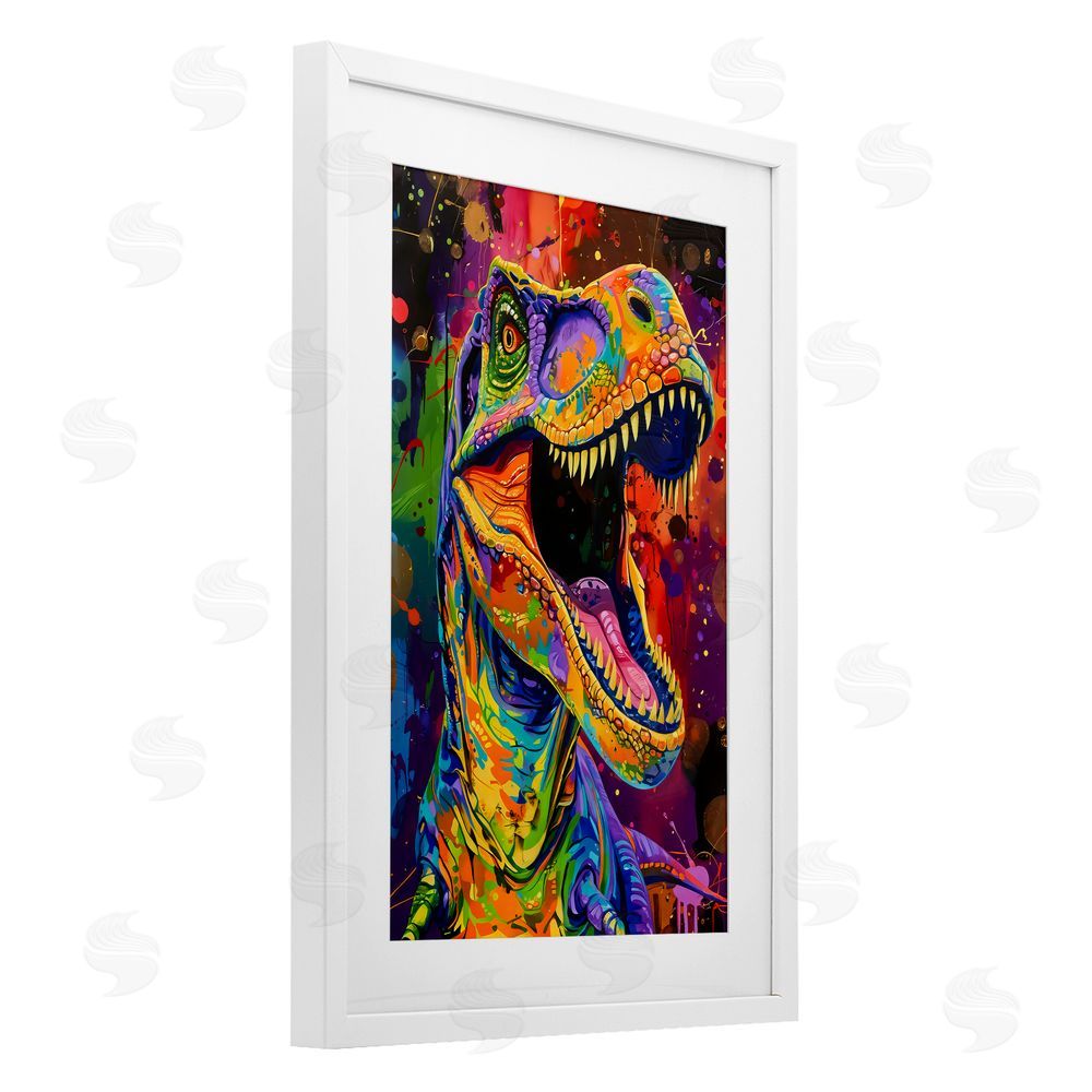 Creative Studio Paint Splatter Urban T-Rex White Framed Print Under Glass Wall Art