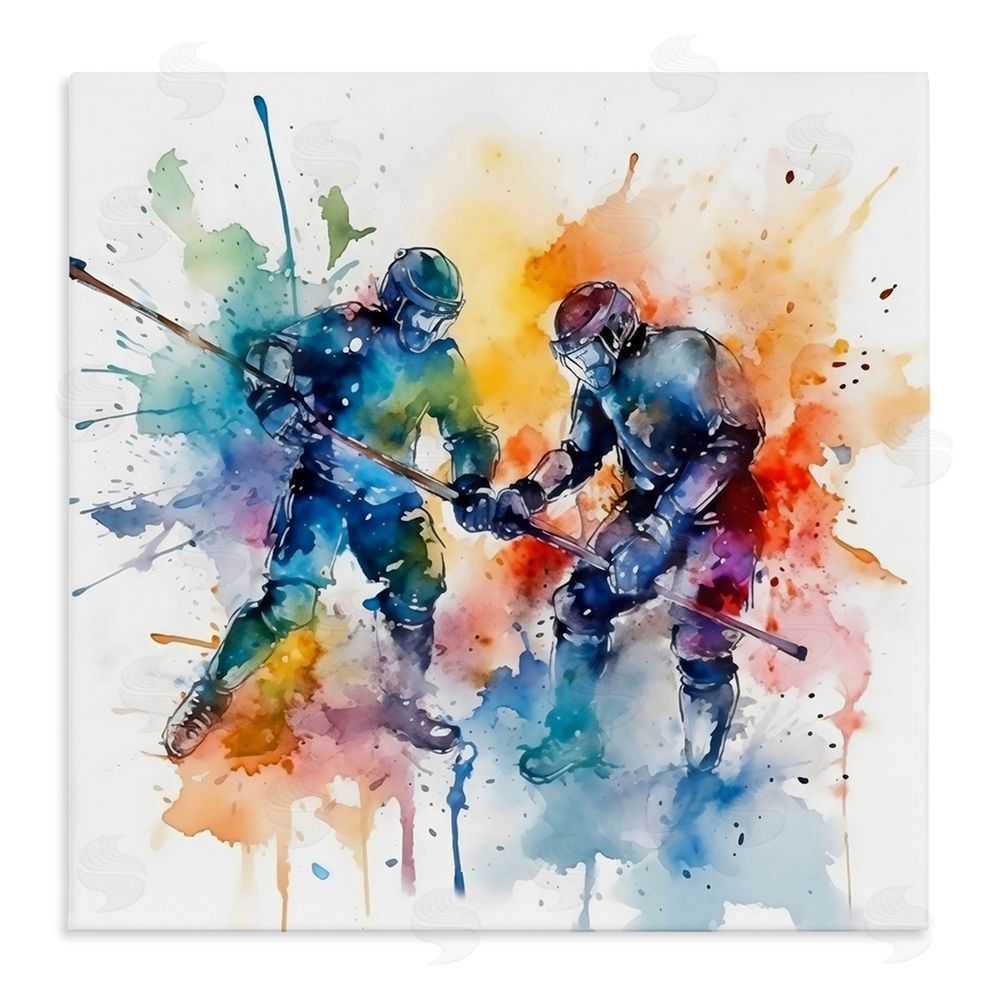 Creative Studio Watercolor Hockey Faceoff Stretched Canvas Wall Art Print