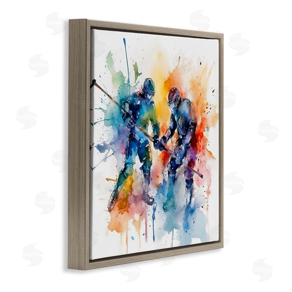 Creative Studio Watercolor Hockey Faceoff Brown Floating Framed Canvas Wall Art Print
