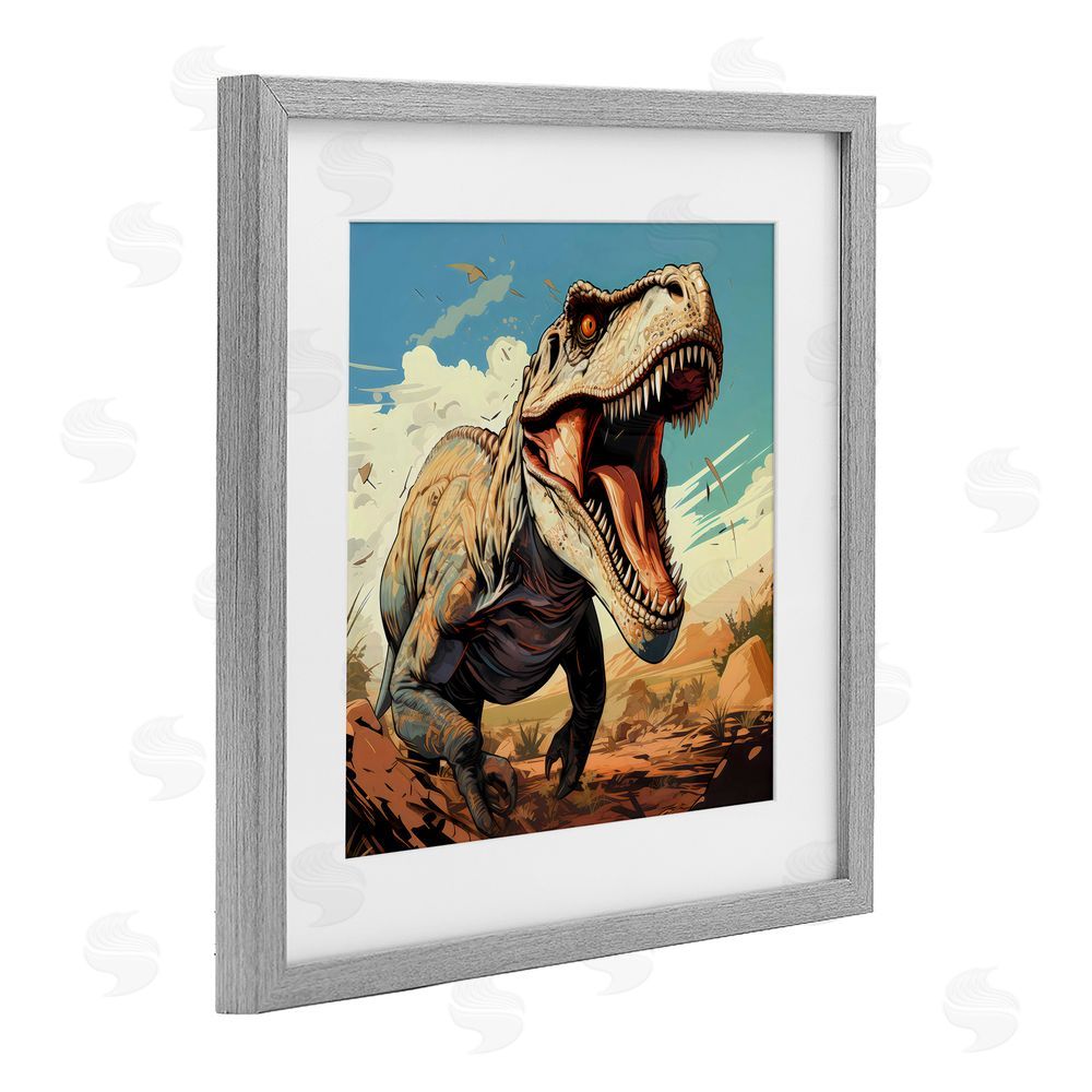 Creative Studio Velociraptor Desert Sunset Gray Framed Print Under Glass with White Mat Wall Art