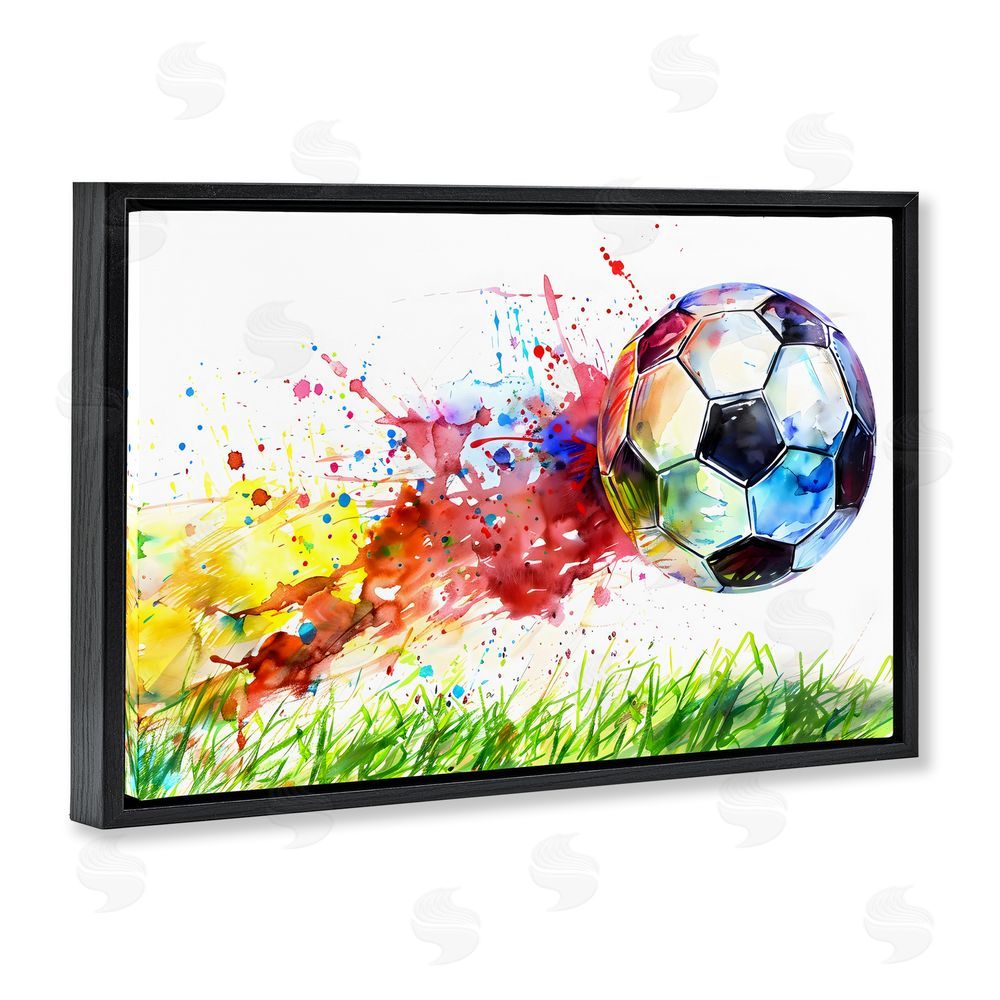 Creative Studio Watercolor Soccer Ball in Motion Black Floating Framed Canvas Wall Art Print