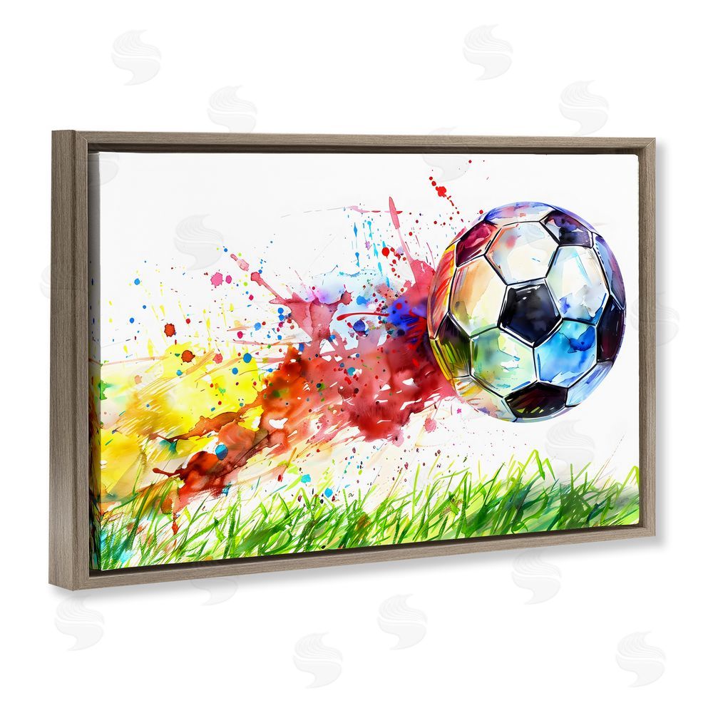 Creative Studio Watercolor Soccer Ball in Motion Brown Floating Framed Canvas Wall Art Print