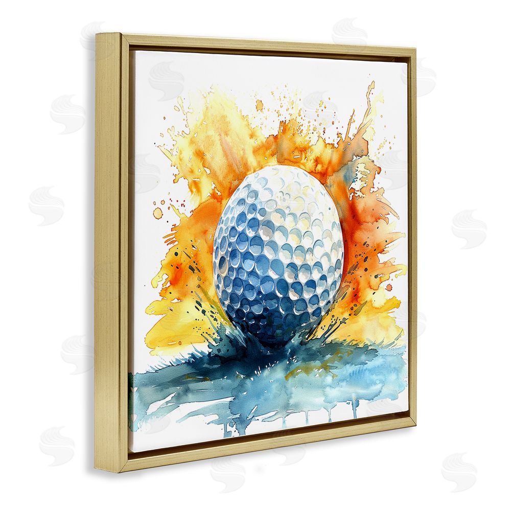 LSR Design Studio Golf Splash Watercolor Burst Gold Floating Framed Canvas Wall Art
