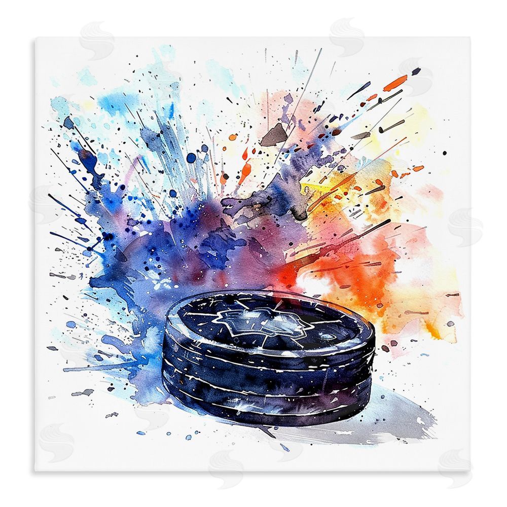 LSR Design Studio Hockey Splash Watercolor Burst Stretched Canvas Wall Art