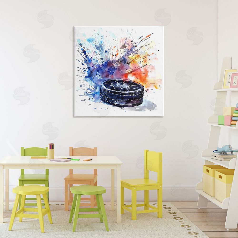 LSR Design Studio Hockey Splash Watercolor Burst Stretched Canvas Wall Art in Room