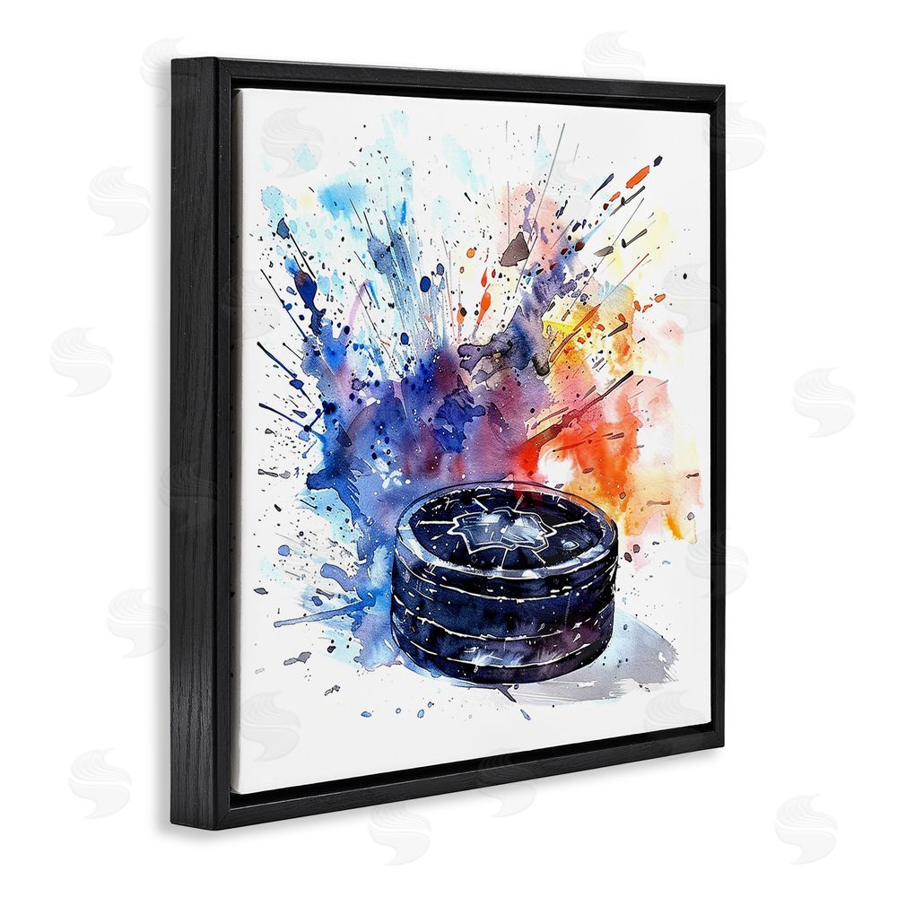 LSR Design Studio Hockey Splash Watercolor Burst Black Floating Framed Canvas Wall Art