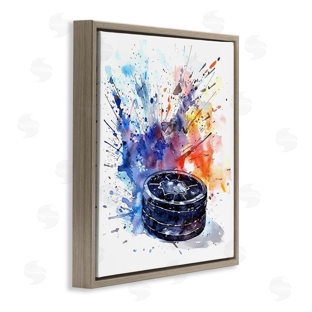 LSR Design Studio Hockey Splash Watercolor Burst Brown Floating Framed Canvas Wall Art