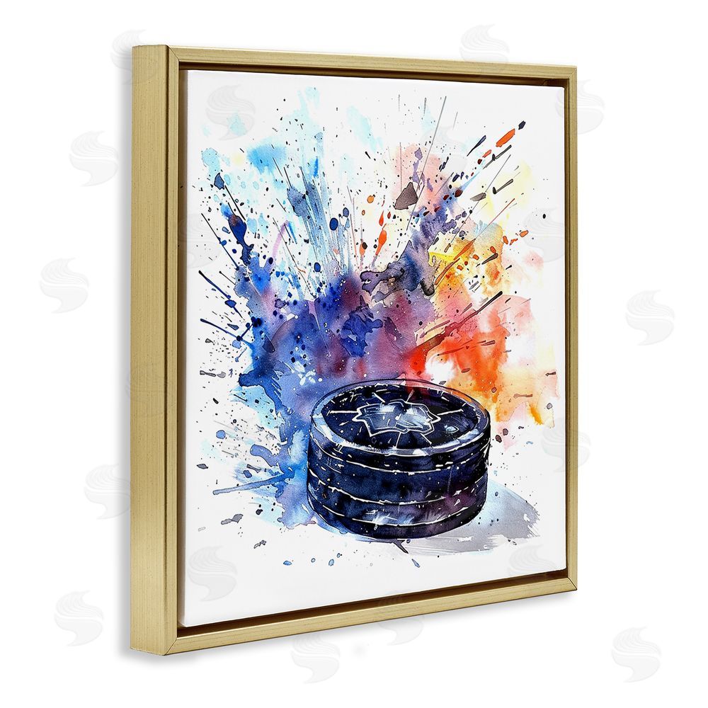 LSR Design Studio Hockey Splash Watercolor Burst Gold Floating Framed Canvas Wall Art