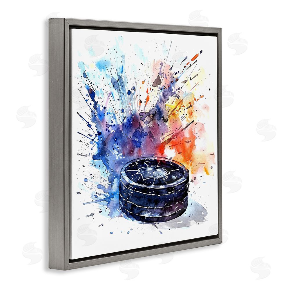 LSR Design Studio Hockey Splash Watercolor Burst Gray Floating Framed Canvas Wall Art