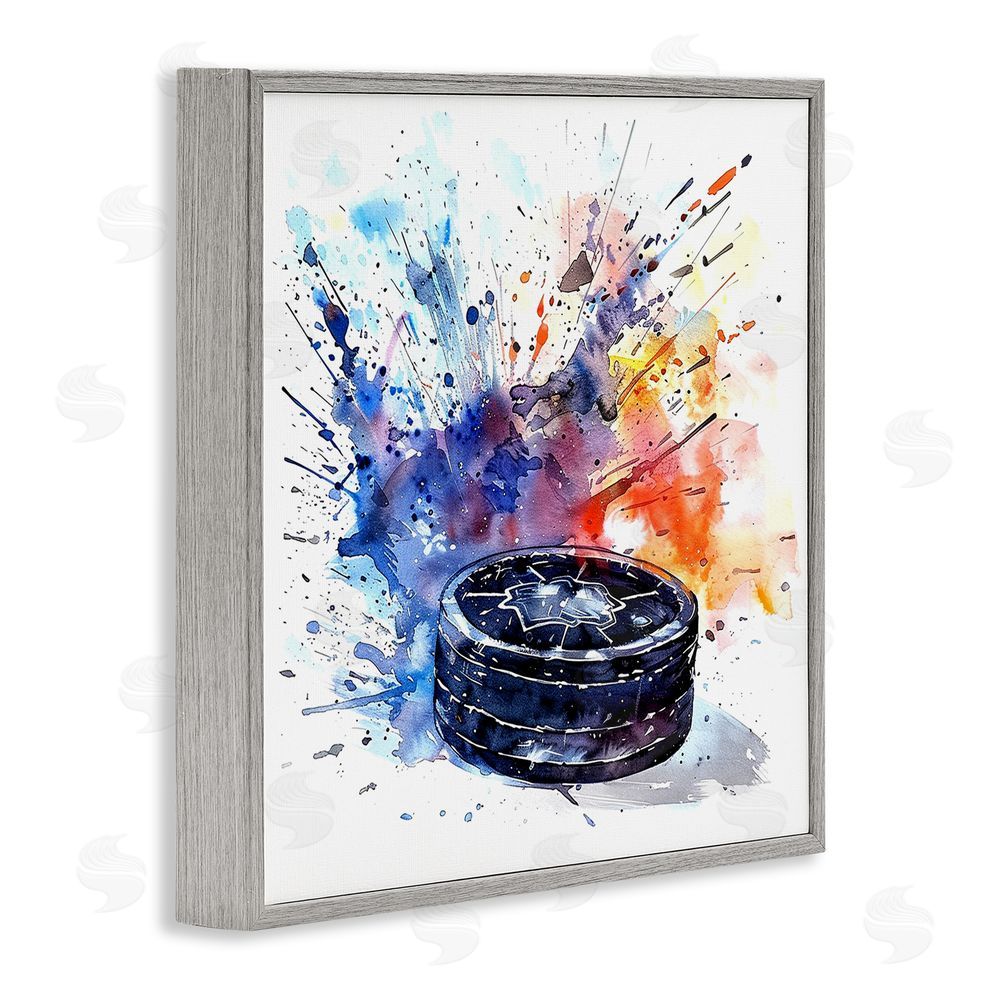 LSR Design Studio Hockey Splash Watercolor Burst Gray Framed Giclee Wall Art