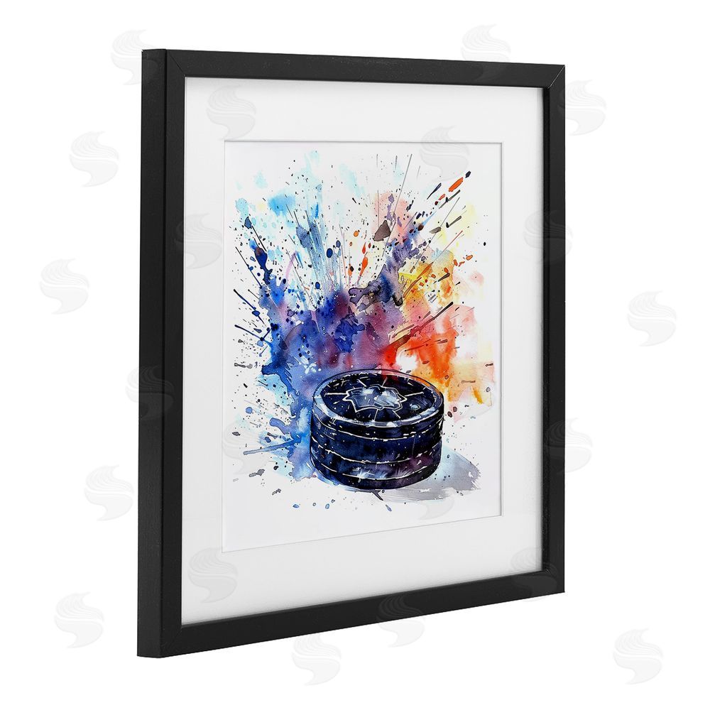 LSR Design Studio Hockey Splash Watercolor Burst Black Framed Print Under Glass Wall Art