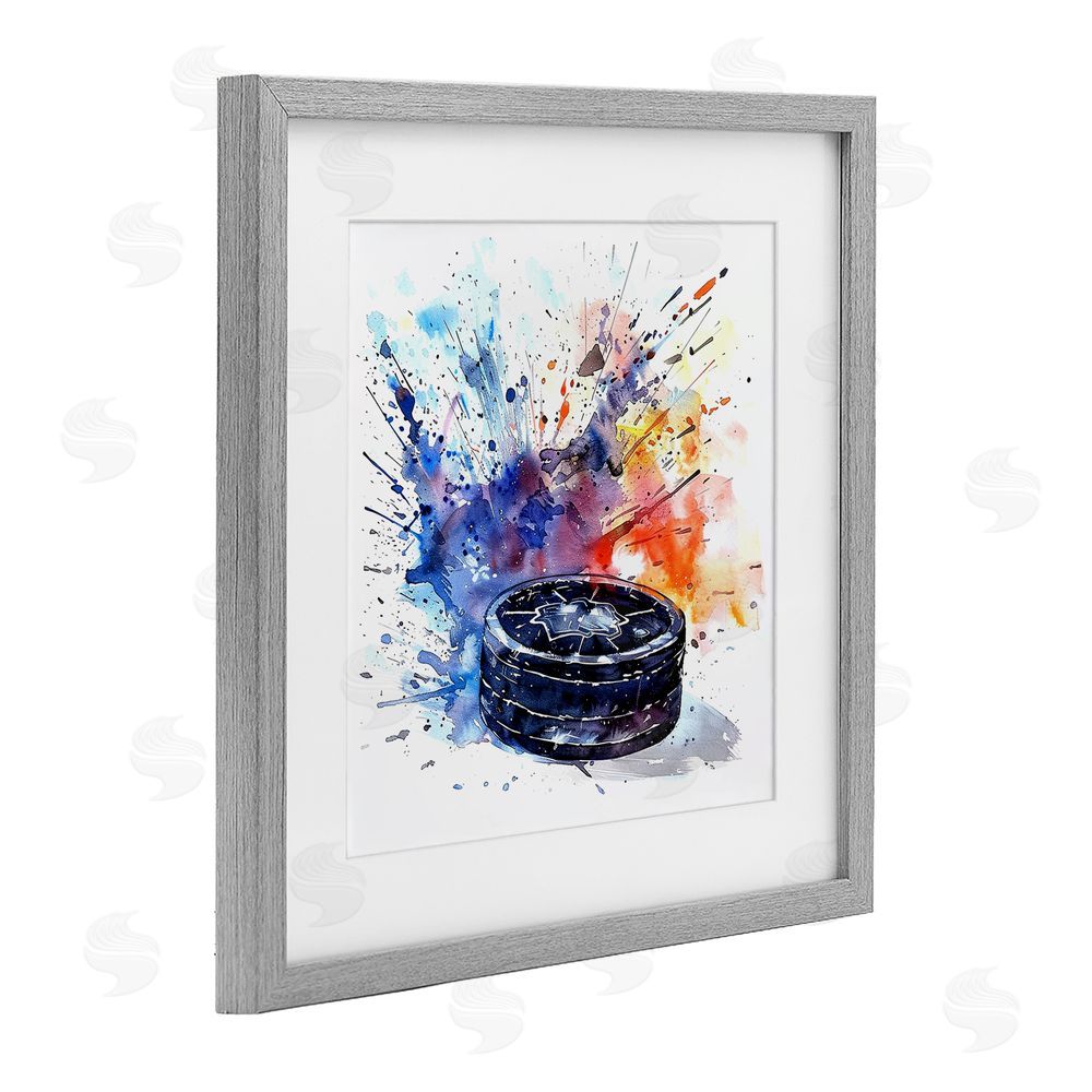 LSR Design Studio Hockey Splash Watercolor Burst Gray Framed Print Under Glass Wall Art