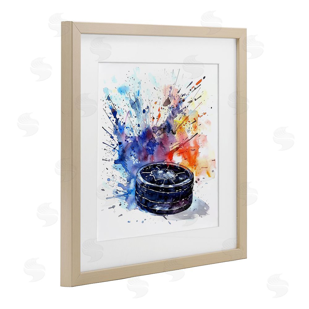 LSR Design Studio Hockey Splash Watercolor Burst Brown Framed Print Under Glass Wall Art