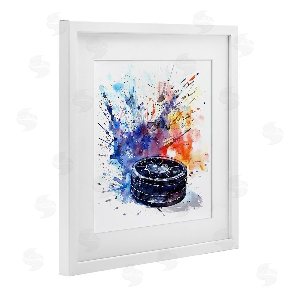 LSR Design Studio Hockey Splash Watercolor Burst White Framed Print Under Glass Wall Art