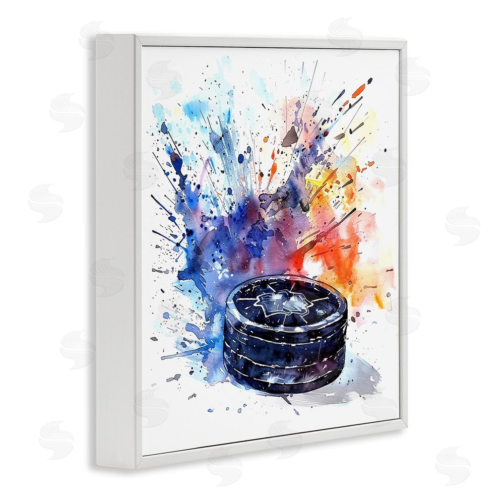 LSR Design Studio Hockey Splash Watercolor Burst White Framed Giclee Wall Art