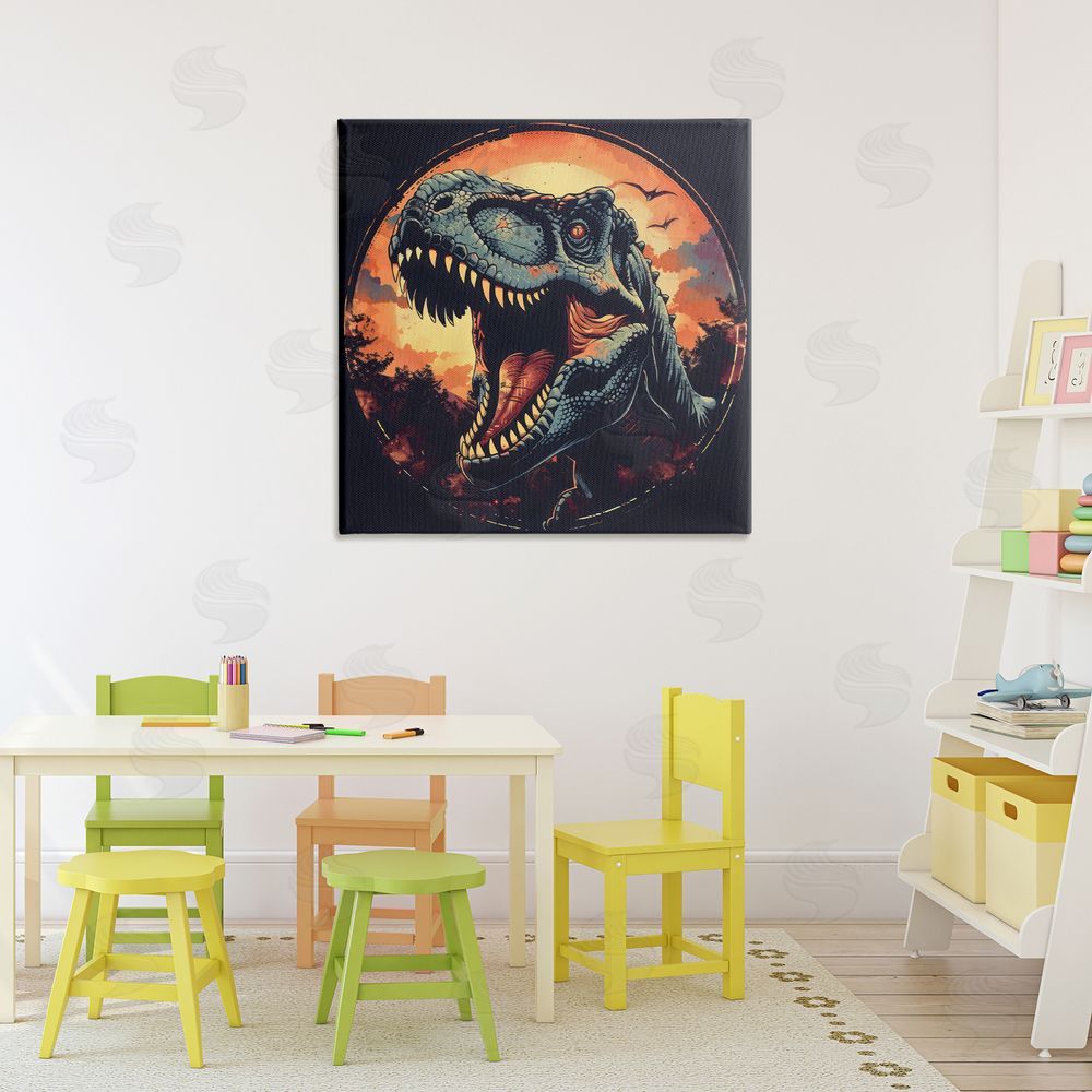 Creative Studio Ancient Dino Roaring at Sunset Stretched Canvas Wall Art Print in Room