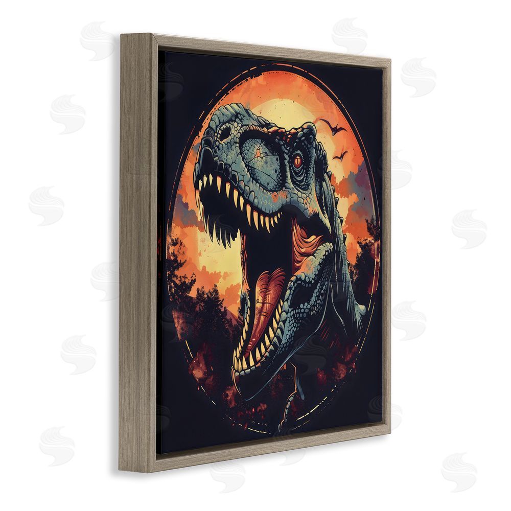 Creative Studio Ancient Dino Roaring at Sunset Brown Floating Frame Stretched Canvas Wall Art Print