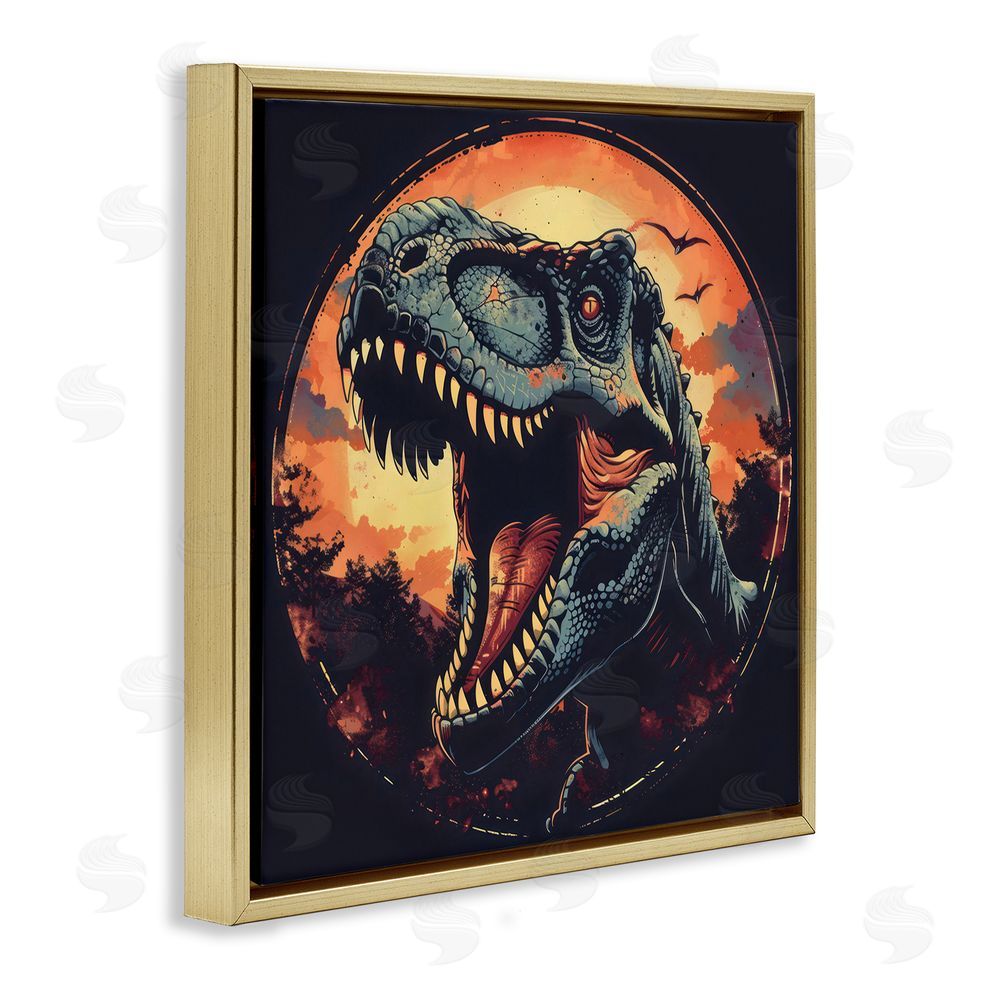 Creative Studio Ancient Dino Roaring at Sunset Gold Floating Frame Stretched Canvas Wall Art Print