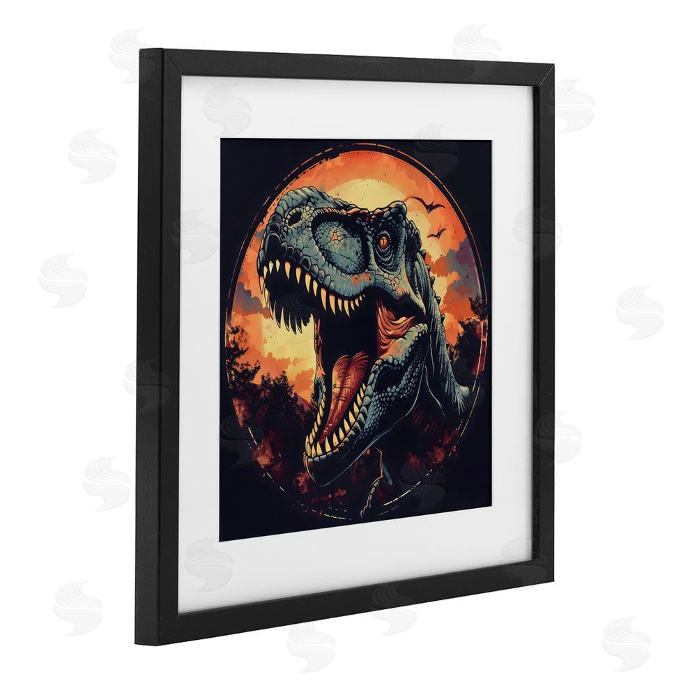 Creative Studio Ancient Dino Roaring at Sunset Black Framed Print Under Glass with Matting Wall Art