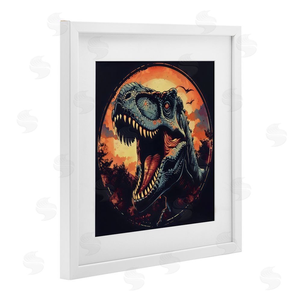 Creative Studio Ancient Dino Roaring at Sunset White Framed Print Under Glass with Matting Wall Art
