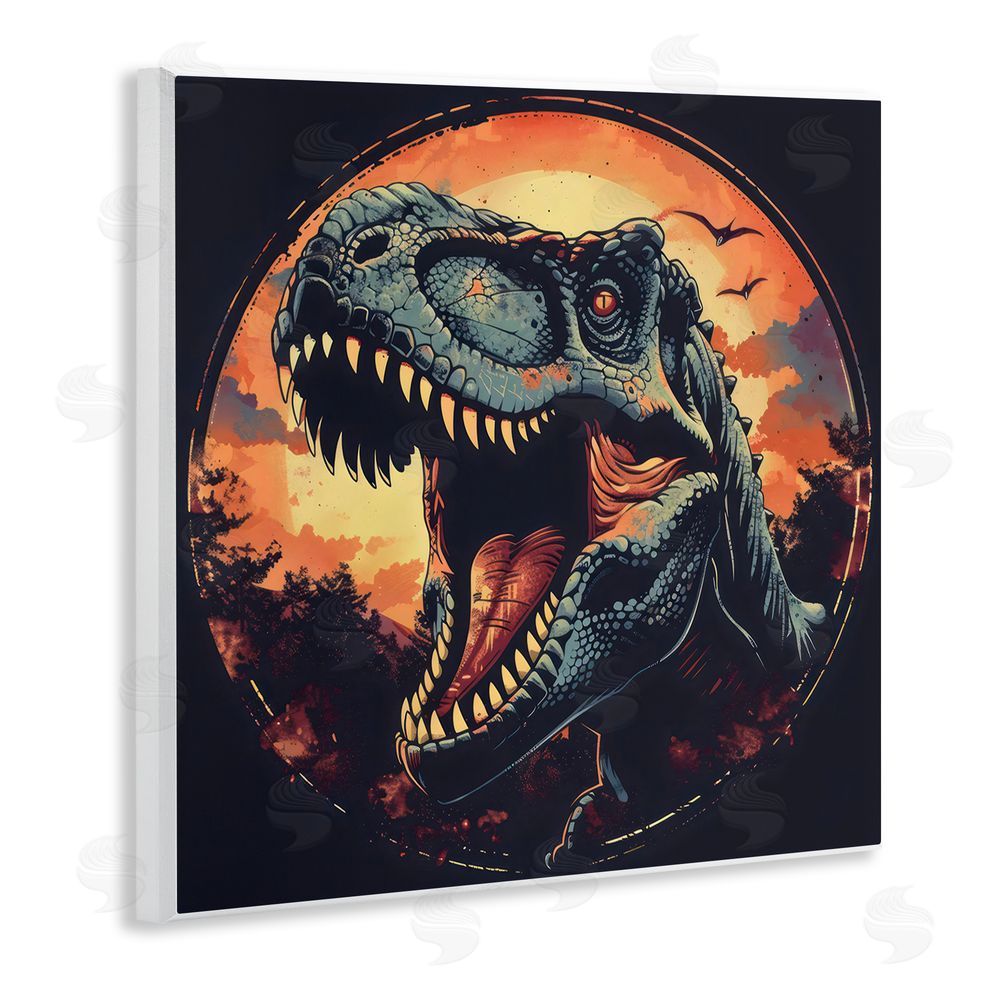 Creative Studio Ancient Dino Roaring at Sunset Wall Plaque Art Print with White Foil Wrap