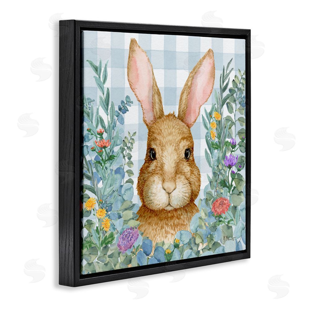 Paul Brent Rabbit Laurel on Gingham Black Floating Frame Canvas Wall Art Print