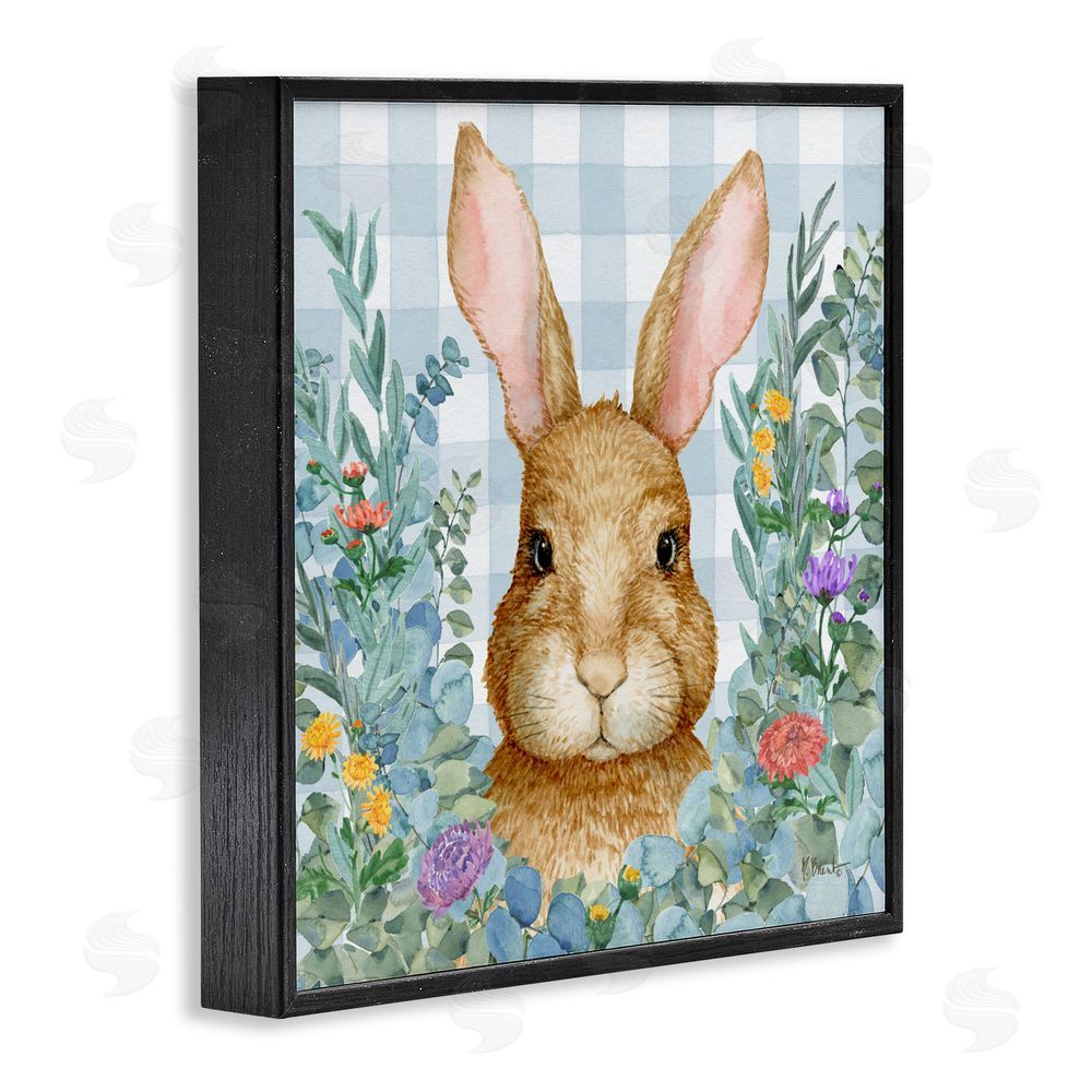 Paul Brent Rabbit Laurel on Gingham Black Framed Giclee Wall Art Print