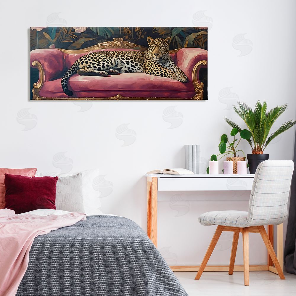 Creative Studio Regal Relaxation Leopard on Pink Stretched Canvas Wall Art in Room