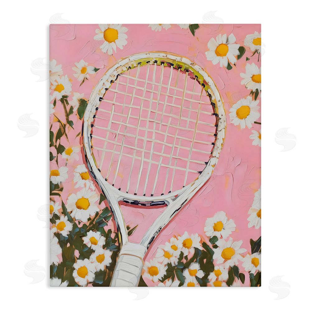 LSR Design Studio Pink Tennis Racket & Daisies Stretched Canvas Wall Art Print