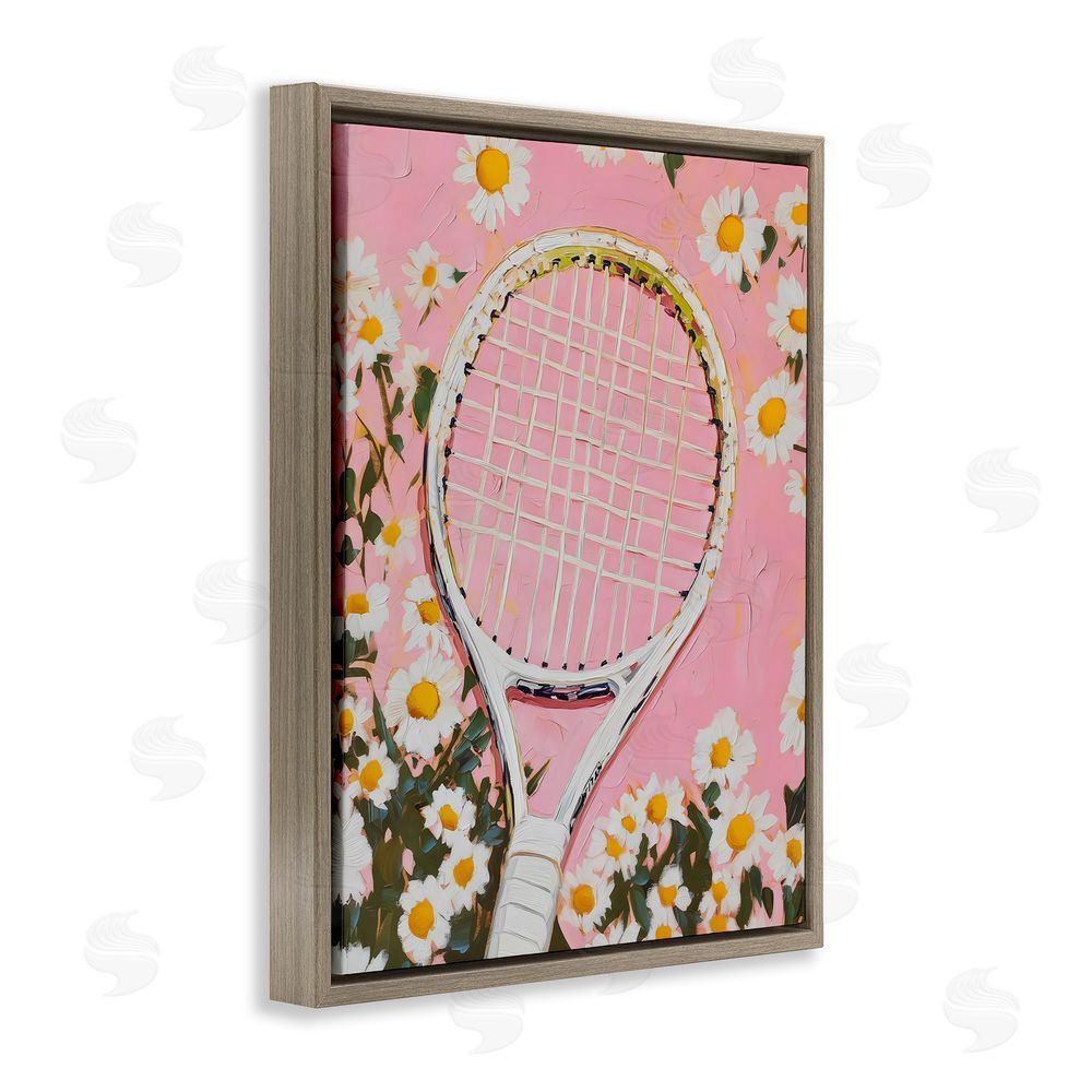 LSR Design Studio Pink Tennis Racket & Daisies Brown Floating Frame Canvas Wall Art Print
