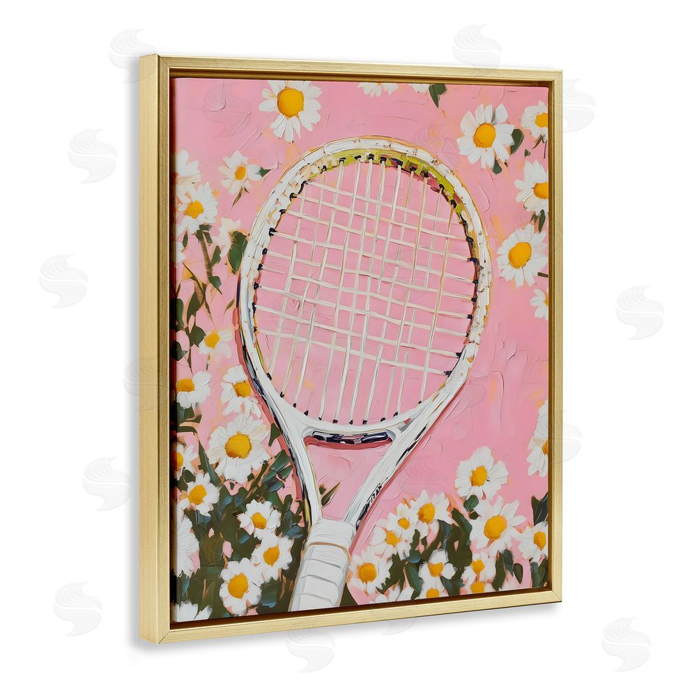 LSR Design Studio Pink Tennis Racket & Daisies Gold Floating Frame Canvas Wall Art Print