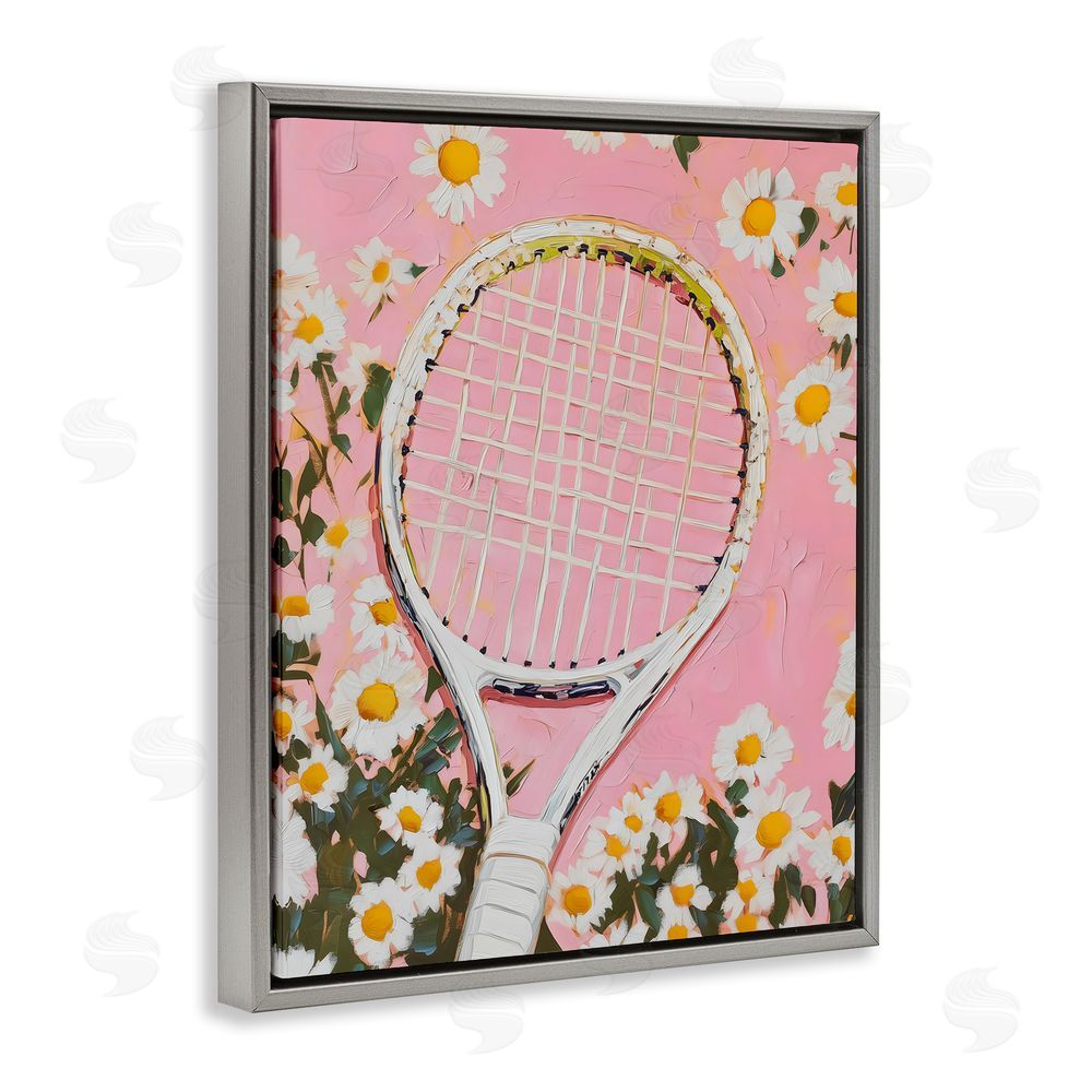 LSR Design Studio Pink Tennis Racket & Daisies Gray Floating Frame Canvas Wall Art Print