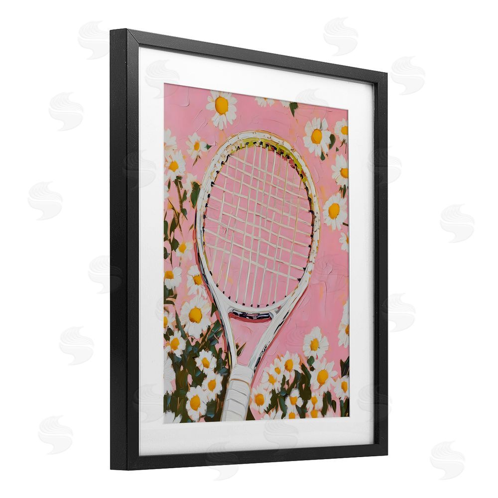 LSR Design Studio Pink Tennis Racket & Daisies Black Framed Print Under Glass Wall Art