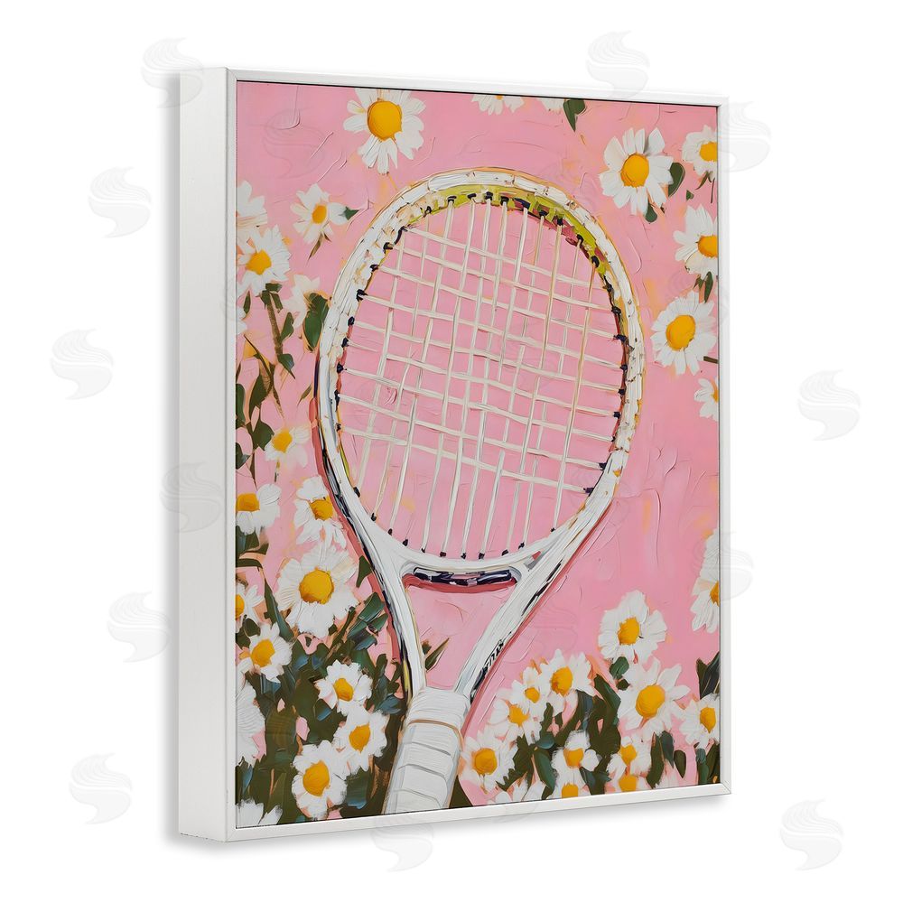 LSR Design Studio Pink Tennis Racket & Daisies White Framed Giclee Wall Art Print