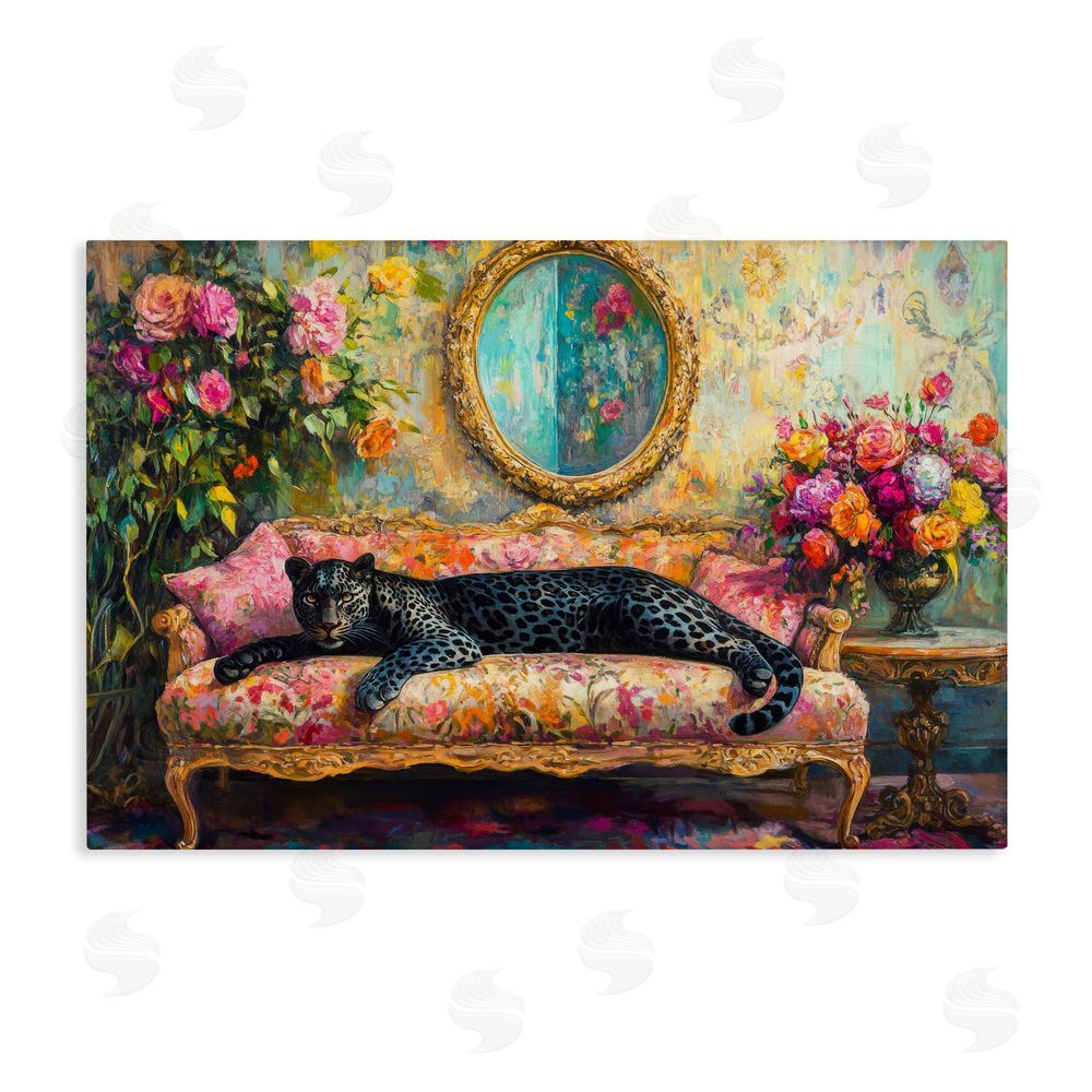 Petal Prints Design Lounging Leopard on Floral Sofa Stretched Canvas Wall Art
